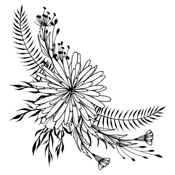 Чорно Біла Квіткова Композиція Дикі Квіти Векторні Ілюстрації — стоковий вектор