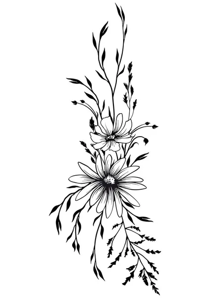 Ασπρόμαυρο Μπουκέτο Λουλουδιών Για Σχεδιασμό Χειροκίνητη Διανυσματική Απεικόνιση — Διανυσματικό Αρχείο