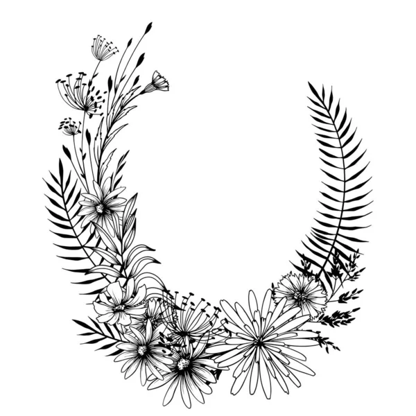 Demi Wreath Arrangement Decorative Wild Flowers Hand Drawn Black White — Stock Vector