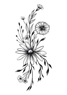 Tasarımınız için siyah ve beyaz çiçek buketi. El çizimi vektör illüstrasyonu.