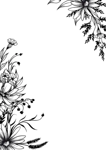 Virágos Keret Dekoratív Kézzel Rajzolt Gyógynövények Virágok Fekete Fehér Vektor — Stock Vector