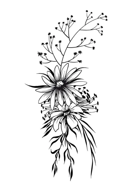 Black White Floral Bouquet Hand Drawn Vector Illustration — Stock Vector