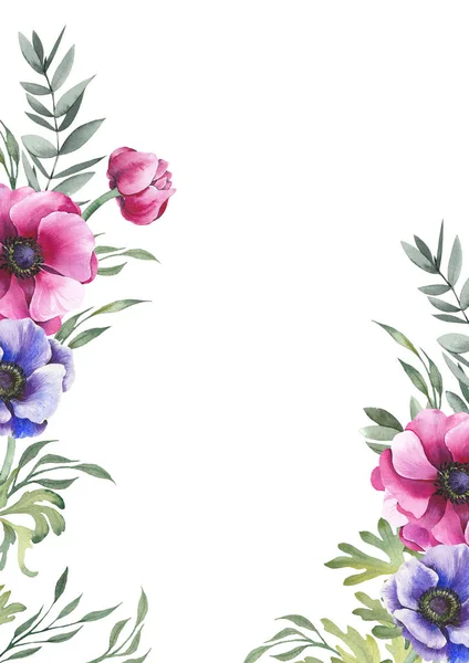 Anemone Virágok Zöld Levelek Kártya Akvarell Illusztráció Elszigetelt Fehér Háttér — Stock Fotó