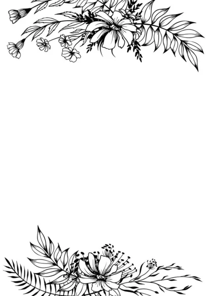 装飾的なラインアートの花と花のフレーム 白黒ベクトルイラスト — ストックベクタ