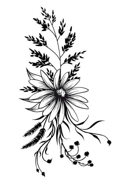 Ασπρόμαυρο Μπουκέτο Λουλουδιών Γραμμικό Σχέδιο Τέχνης Χειροκίνητη Διανυσματική Απεικόνιση — Διανυσματικό Αρχείο
