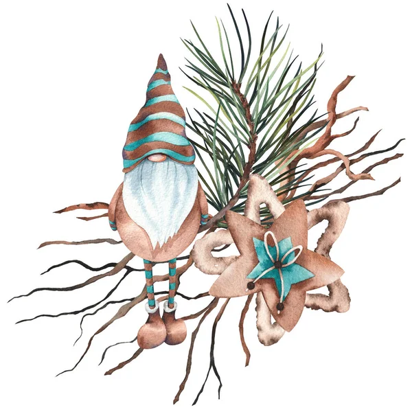 Akvarell Jul Tecknad Gnome Och Kvistar Hand Målade Akvarell Illustration — Stockfoto