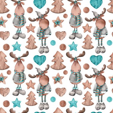 Noel geyiklerinde kusursuz desen. Beyaz arkaplanda elle boyanmış suluboya resimler.