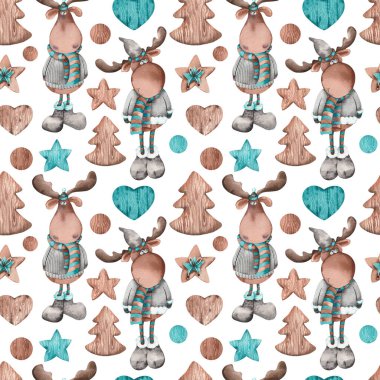 Seamless pattern with Christmas cartoon mooses. Hand painted watercolor illustration on white background. clipart