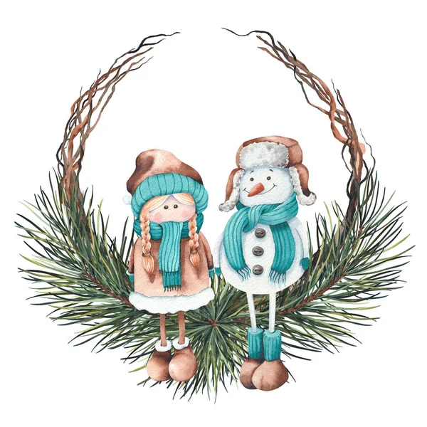Aquarel Kerst Cartoon Sneeuwpoppen Dennen Demi Krans Met Hand Geschilderde — Stockfoto