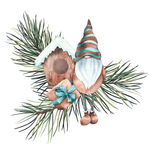 Świąteczny Krasnal Ptaszarnia Gałązki Sosny Ręcznie Malowane Ilustracja Akwarela Izolowane — Zdjęcie stockowe