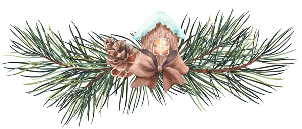 Vánoční Aranžmá Borovicovými Větvemi Kuželem Dekorativním Domem Akvarelové Ilustrace Izolované — Stock fotografie