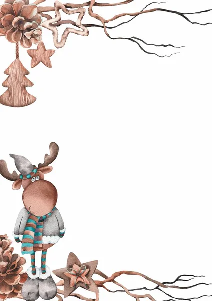 Marco Navidad Con Ilustración Alces Dibujos Animados Ramitas Secas Conos —  Fotos de Stock