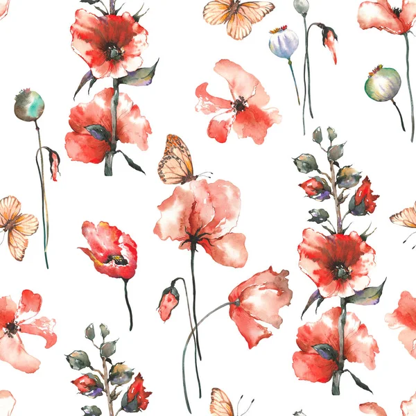 Kırmızı Gelincikler Kır Çiçekleri Kelebeklerle Kusursuz Desen Beyaz Arkaplanda Suluboya — Stok fotoğraf