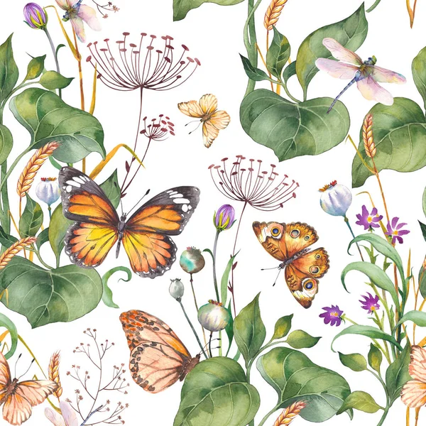 Sömlöst Mönster Med Vilda Blommor Gröna Blad Och Fjärilar Akvarell — Stockfoto