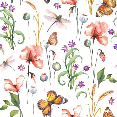 Çayırdaki kır çiçekleri ve kelebeklerle kusursuz bir desen. Beyaz arkaplanda suluboya çizimi.