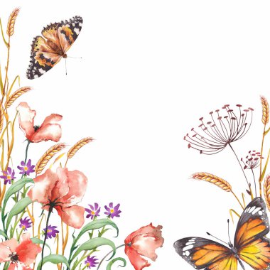 Haşhaş çiçekleri, yapraklar ve kelebeklerle dolu kare bir çerçeve. Beyaz arkaplanda suluboya çizimi.