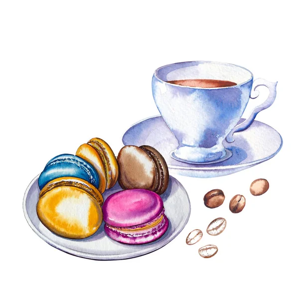 Kahve fincanı ve çok renkli badem kurabiyesi. Suluboya çizimi beyaz arkaplanda izole edildi.