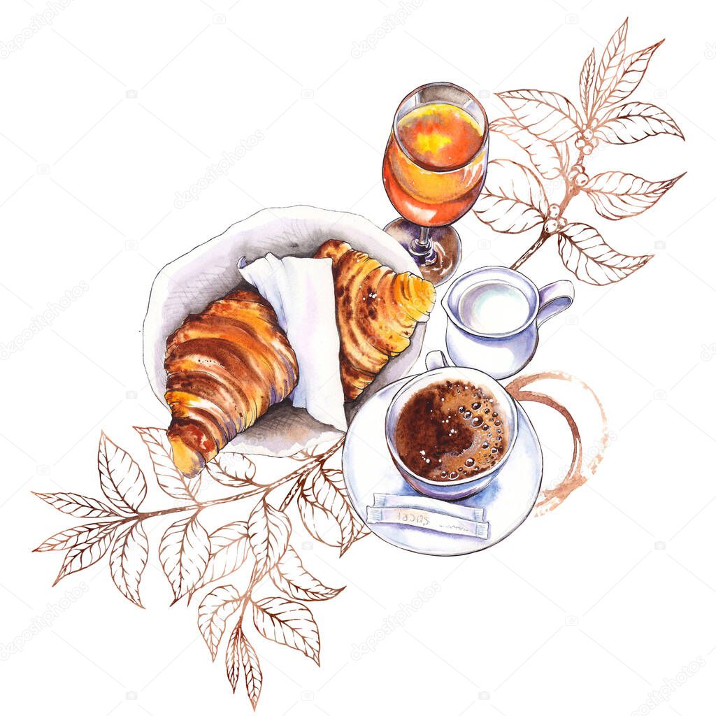 Breakfast arrangement with coffee cup, milk and croissant. Top down view. Watercolor illustration isolated on white background.