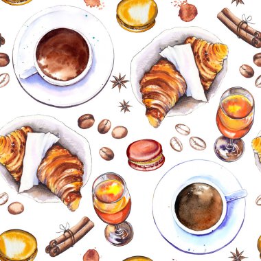 Kahve fincanları, portakal suyu ve kruvasanlarla kusursuz desen. Beyaz arkaplanda suluboya çizimi.