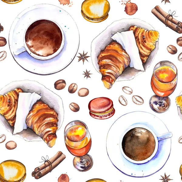 Naadloos Patroon Met Koffiekopjes Sinaasappelsap Croissants Aquarel Illustratie Witte Achtergrond — Stockfoto