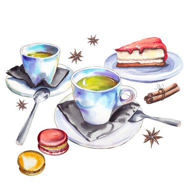 Çay saati düzenlemesi. Yeşil çay, pasta ve kurabiye. Suluboya çizimi beyaz arkaplanda izole edildi.