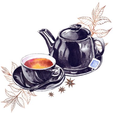 Siyah çaydanlık ve çay fincanı düzenlemesi. Suluboya çizimi beyaz arkaplanda izole edildi.