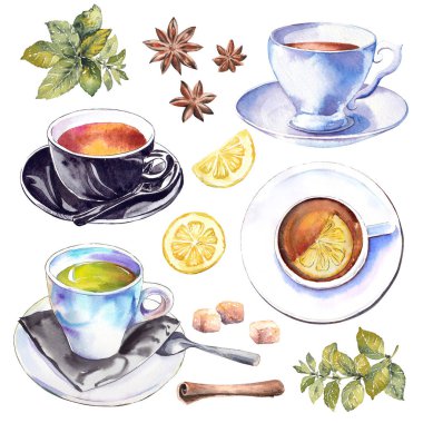 Çay fincanları, limon, baharat ve yapraklar. Suluboya çizimi beyaz arkaplanda izole edildi.