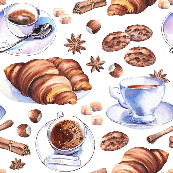 Seamless pattern with coffee cups, cookies and croissants. Watercolor illustration on white background.