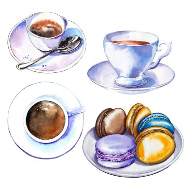 Suluboya kahve fincanları ve çok renkli badem kurabiyeleri. Resimler beyaz arkaplanda izole edildi.