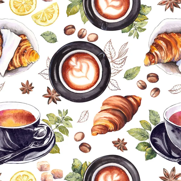 Seamless pattern with coffee cups, tea cups and croissants. Watercolor illustration on white background.