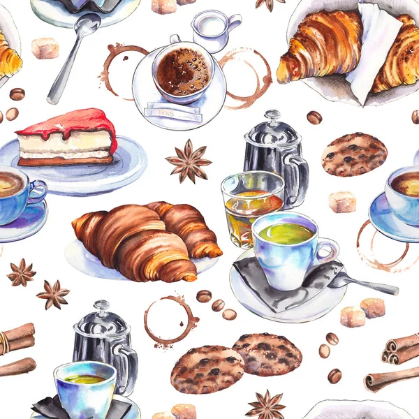 Seamless pattern with coffee and tea cups, cookies, cakes and croissants. Breakfast and dessert arrangements. Watercolor illustration on white background.