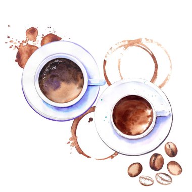Kahve fincanlarının, kahve lekelerinin ve fasulyelerin en alttaki görüntüsü. Beyaz arkaplanda suluboya çizimi.