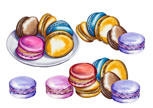 Illustration Aquarelle Macarons Pâtissiers Français Gâteaux Colorés Pour Menu Café — Photo