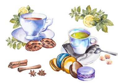 Çay fincanları, kurabiyeler, limon ve nane yaprakları. Suluboya çizimi beyaz arkaplanda izole edildi.