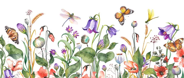 Horizontal border with purple bellflowers, wildflowers, dragonfly and butterflies. Watercolor illustration on white background.