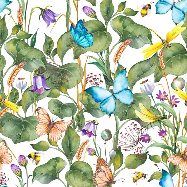 Sömlöst Mönster Med Ängsväxter Och Fjärilar Akvarell Illustration Vit Bakgrund — Stockfoto