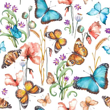 Çayır çiçekleri ve renkli kelebeklerle kusursuz bir desen. Beyaz arkaplanda suluboya çizimi.