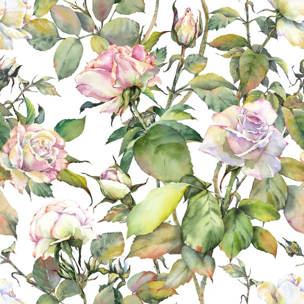 Seamless pattern with white vintage rose flowers. Watercolor painting on white background.