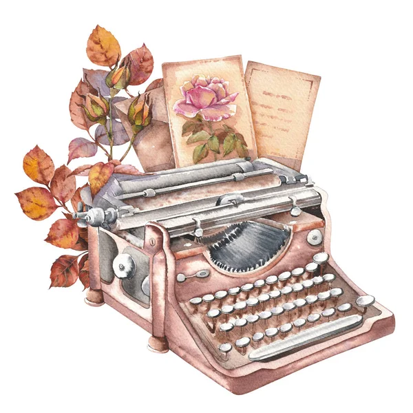 Retro Írógép Régi Papírkártyákkal Virágokkal Akvarell Illusztráció Elszigetelt Fehér Háttér — Stock Fotó
