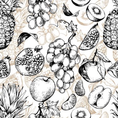Üzümlü, ananaslı ve tatlı meyveli kusursuz desen. Siyah ve beyaz el çizimi vektör çizimi.
