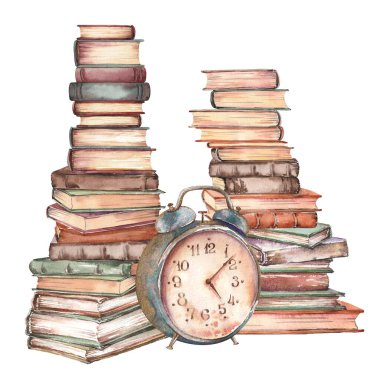 Bir sürü kitap ve eski saat. Suluboya çizimi beyaz arkaplanda izole edildi.