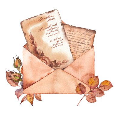 İçinde mektup ve kartpostal olan eski bir zarf. Suluboya elle boyanmış resim.