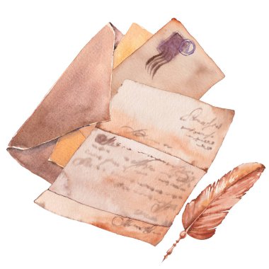 Eski zarflar, mektuplar ve tüy kalemi. Suluboya elle boyanmış resim.