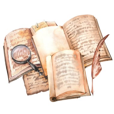 Kitapları büyüteç ve tüy kalemiyle açın. Elle boyanmış suluboya resim.