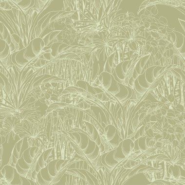 Yeşil arka planda tropikal yaprakları olan kusursuz bir desen. Vektör botanik arkaplanı.