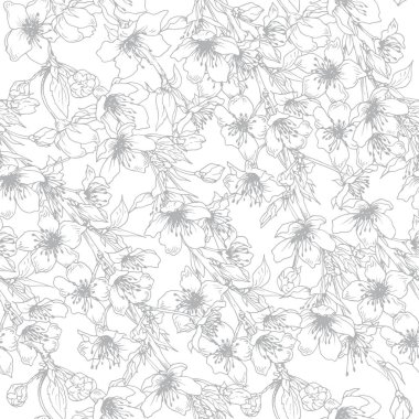 Bahçe kiraz ağacı dallarıyla kusursuz desen. El çizimi çiçeklerle bahar arkaplanı.