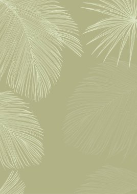 Palmiye dallı yeşil bir kart. El çizimi sanat illüstrasyonu. Botanik arkaplan.