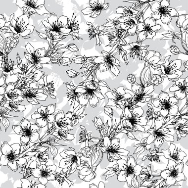 Bahçe kiraz ağacı dallarıyla kusursuz desen. Siyah beyaz çiçeklerle bahar arkaplanı. El çizimi illüstrasyon.