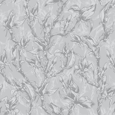Manolya dallı kusursuz desen. Gri arkaplanda elle çizilmiş vektör çizimi.