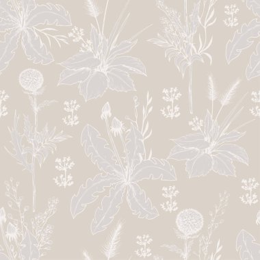 Çayırlık çiçeklerle kusursuz desen. El çizimi sanat geçmişi. Basit vektör kontur grafikleri.